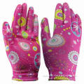 Safety/gardening/printed/polyester gloves, smooth finish, suitable for ladies